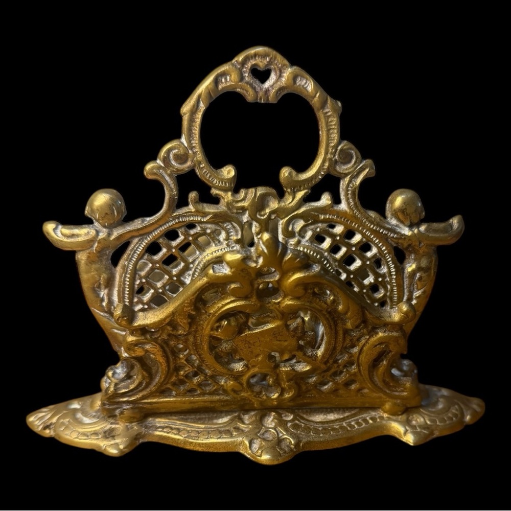 Vintage All Brass Cast Ornate Letter or Napkin Holder with Cherubs 5.5”